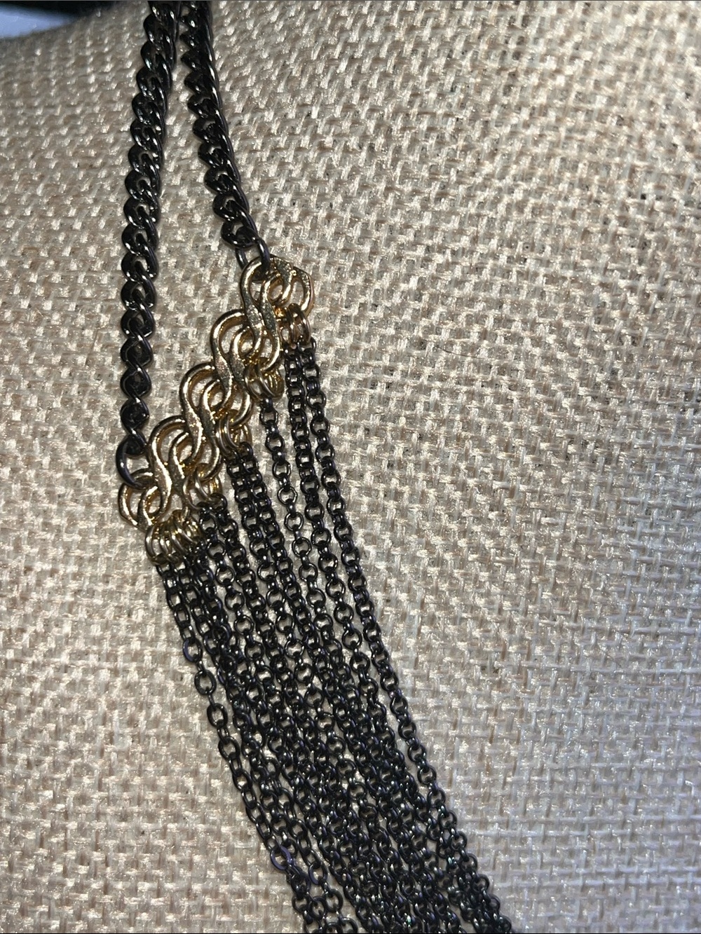 Multi-Strand Gunmetal and Gold Necklace with Crystal Teardrops 14" - Picture 5 of 8